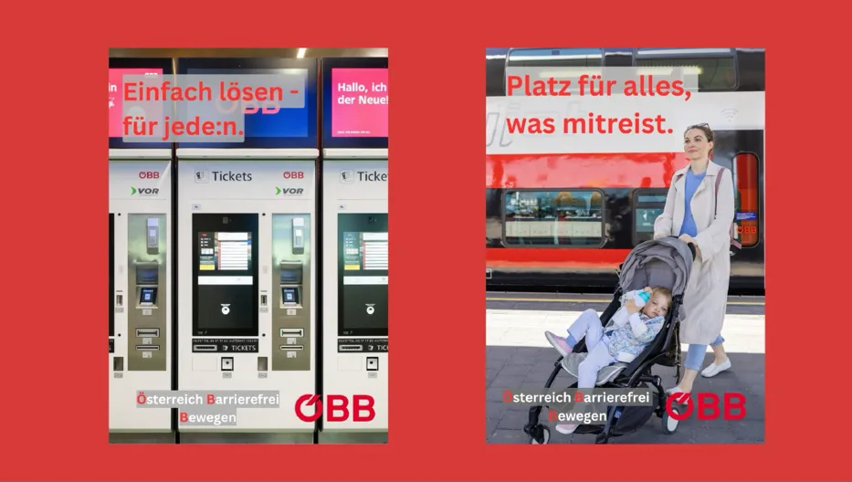 Zwei Plakate auf Rot: „Einfach lösen – für jede:n.“ mit Ticketautomaten, „Platz für alles, was mitreist.“ mit einer Frau mit Kinderwagen.