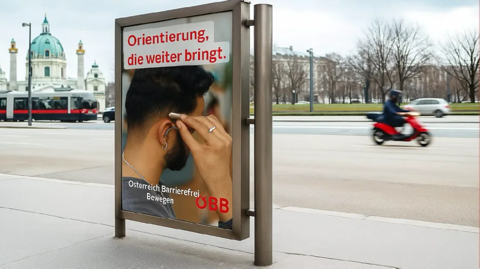 Citylight an einer Straße in Wien: „Orientierung, die weiter bringt.“, ein Mann tippt an sein Hörgerät.